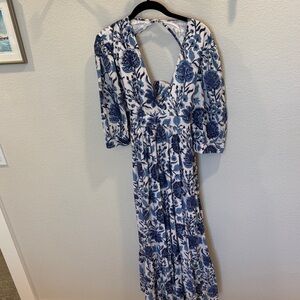 Blue Floral Maxi Dress with Deep V-Back